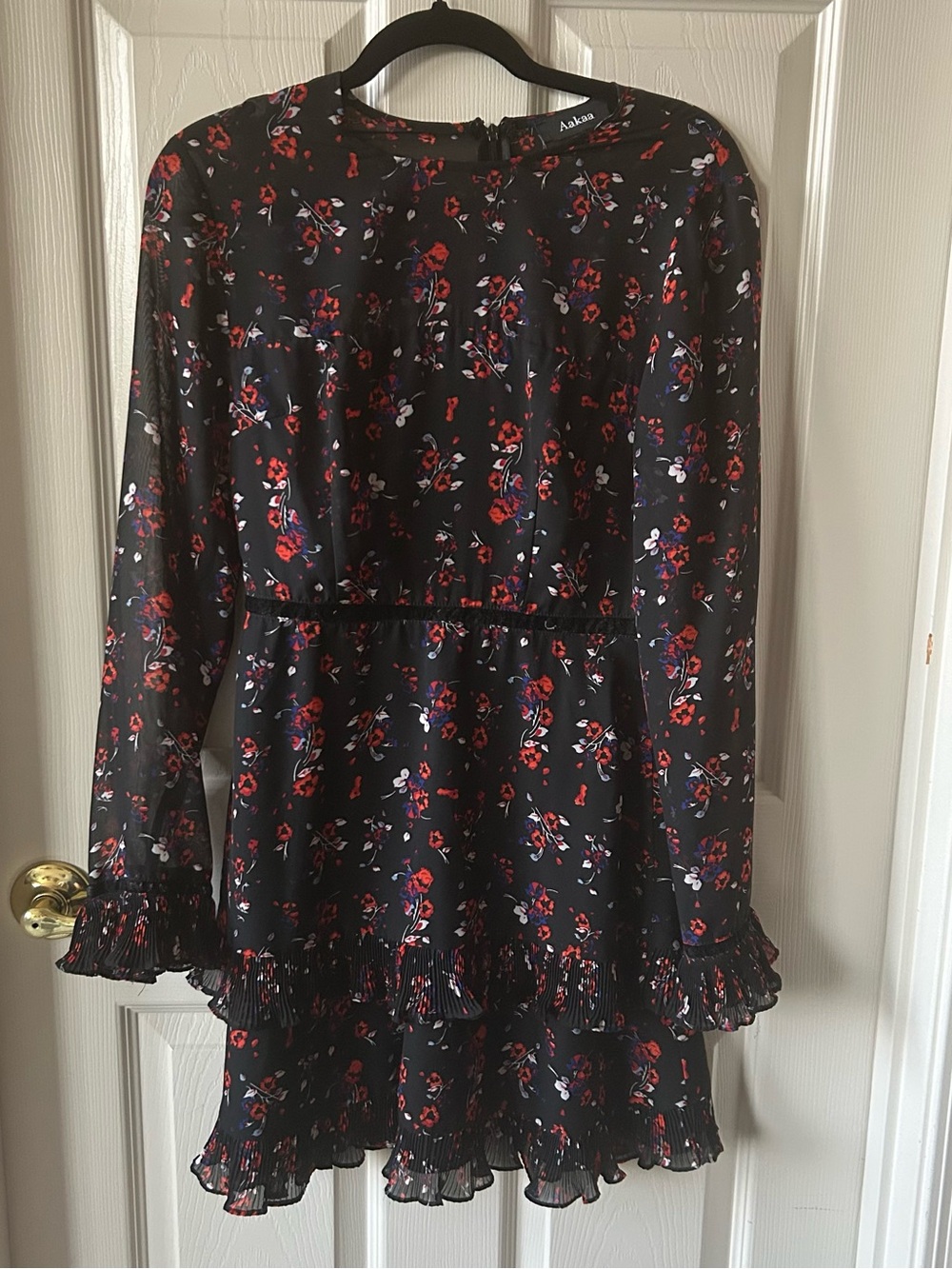 Aakaa Black Floral Sheer Tiered Dress, Ruffle Trim and Sleevss